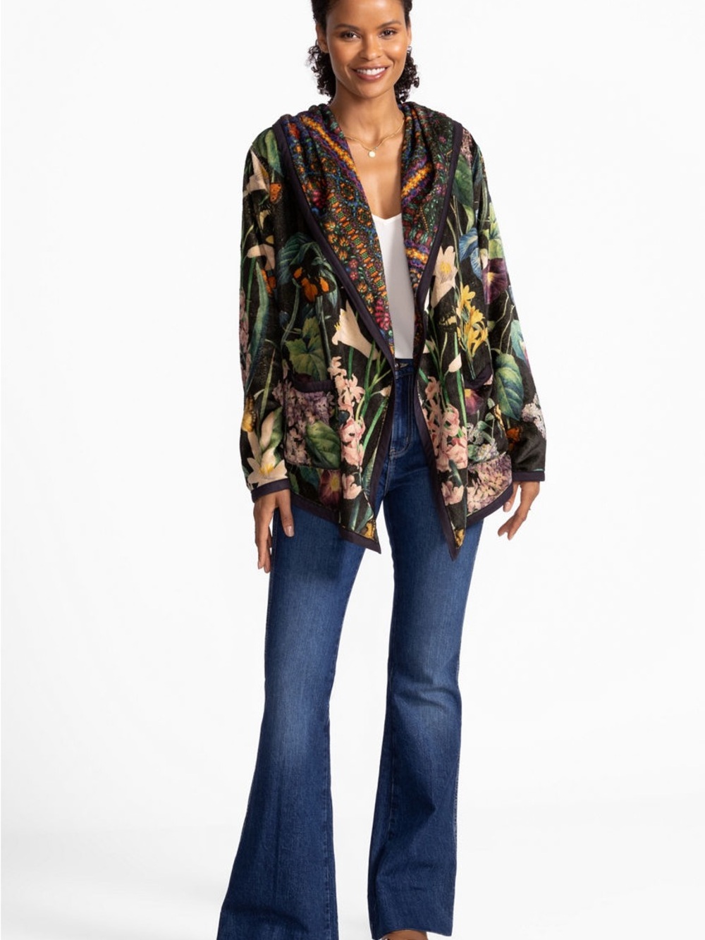 NWT Johnny Was JOAN SHERPA $248 JACKET Reversible Floral Draped Hooded